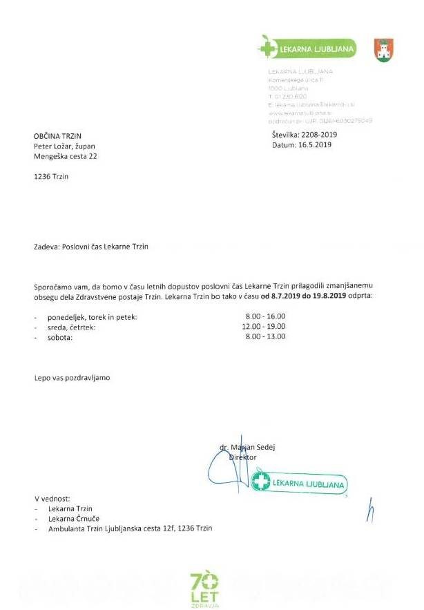Obvestilo Lekarne Ljubljana o poslovnem času Lekarne Trzin v času od 8. 7. 2019 do 19. 8. 2019 