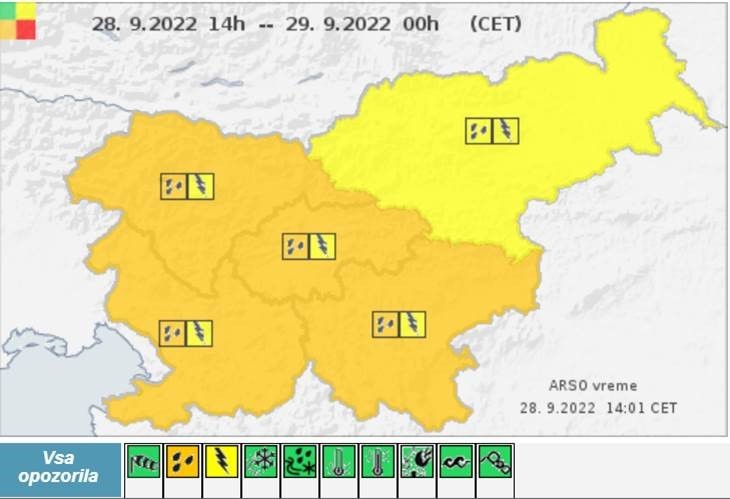Opozorilo za deževje z dolgotrajnimi in močnimi nalivi