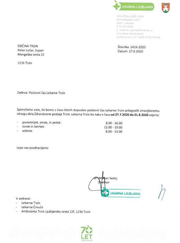 Obvestilo Lekarne Ljubljana o poslovnem času Lekarne Trzin v času od 27. 7. 2020 do 21. 8. 2020 