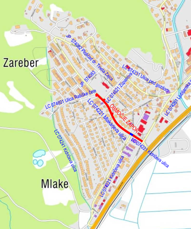 Popolna zapora Mlakarjeve ulice 1-8 v Trzinu od 10.9. do 31.10.2018
