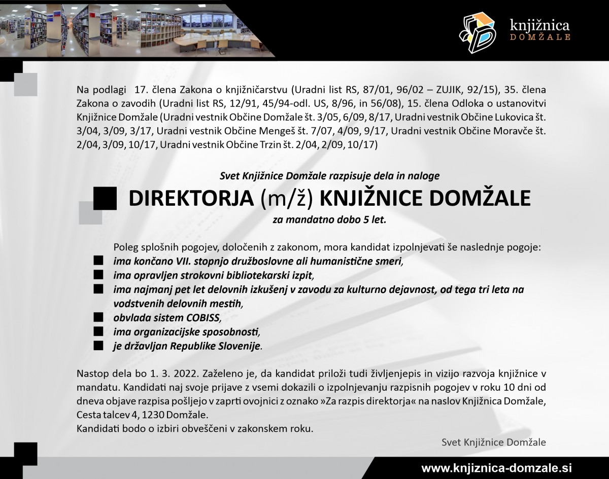 Razpis za delovno mesto direktorja (m/ž) Knjižnice Domžale