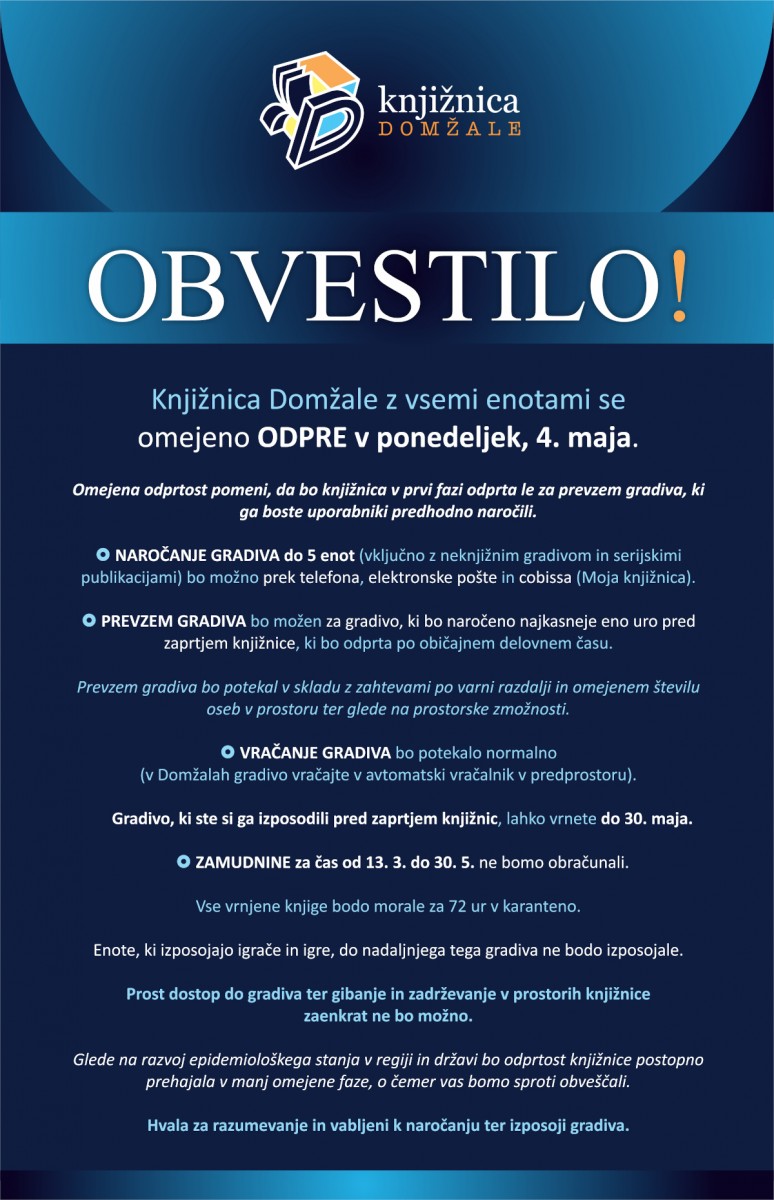 Obvestilo o ponovnem odprtju Knjižnice Domžale in vseh njenih enot